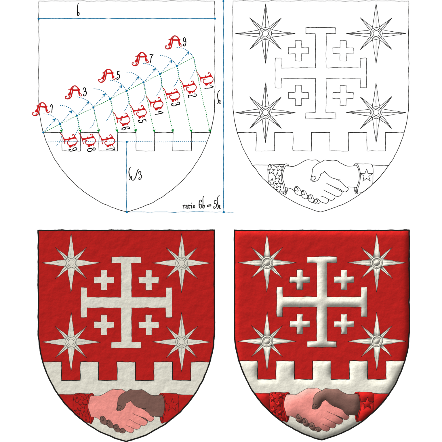 Coat of arms of Danny B. Warner emblazoned by me in 4 steps: geometrical sketch, outlined, plain tinctures and lights and shadows. Blazon: Sanguine, a cross potent cantoned of crosslets between four compass roses, 2, 2, and on a base embattled Argent two hands clasped, the dexter Carnation the sinister Brown, both vested Sanguine.