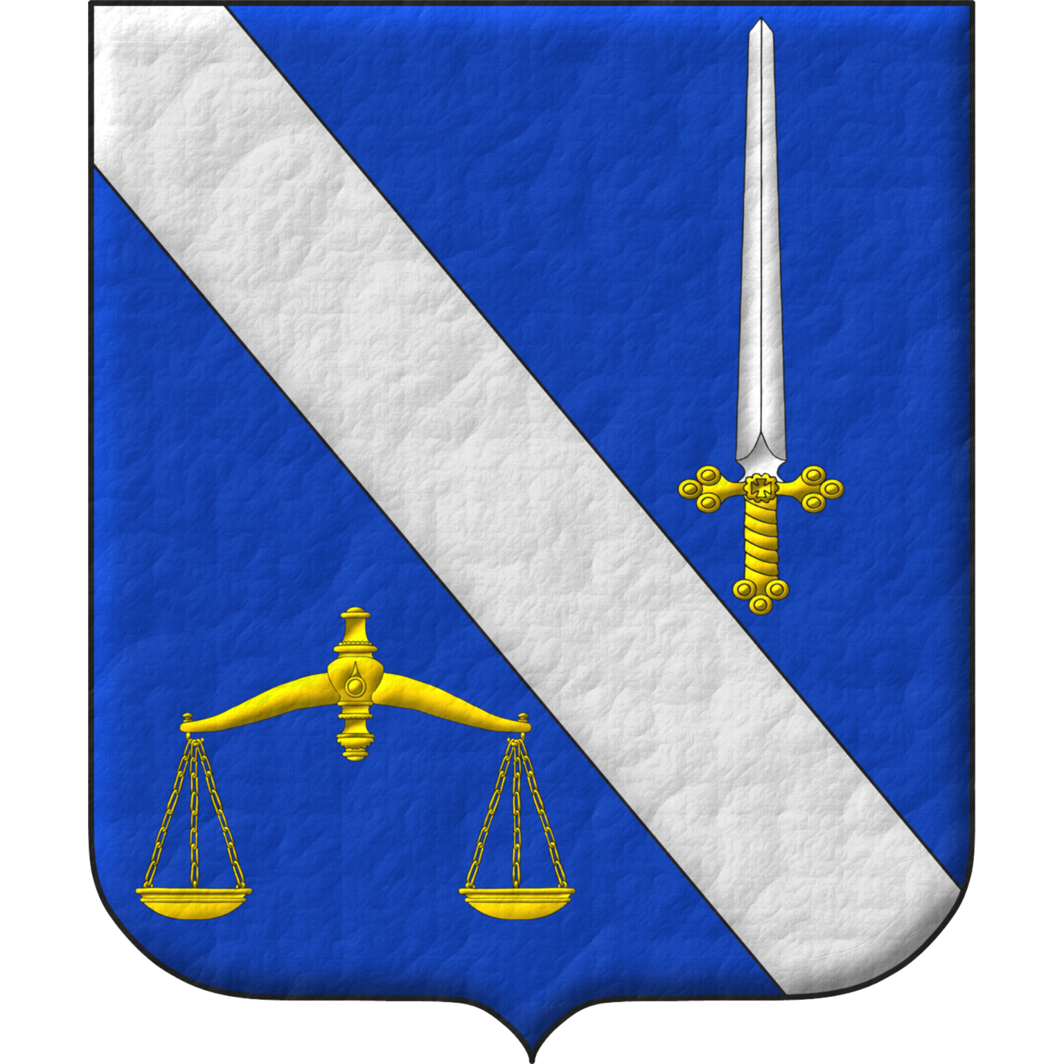 Azure, a bend Argent between, in chief a sword point upwards Argent, hilted Or, in base a pair of scales Or.