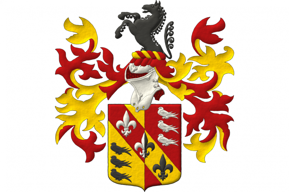 Party per pale: 1 Or, in the dexter of the base three martlets in pale Sable; 2 Gules, in the sinister of the chief three martlets in pale Argent; overall a bend counterchanged charged with three fleurs de lis palewise, the first Argent, the second per pale Argent and Sable, and the third Sable. Crest: Upon a helm with a wreath Or and Gules, a demi-horse Sable. Mantling: Gules doubled Or.