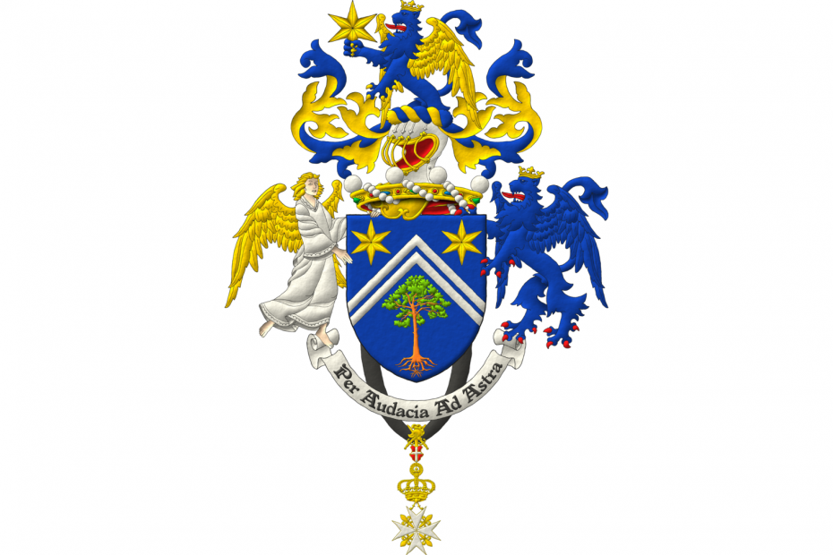 Azure, two chevronels Argent between in chief two mullets of six points Or, and in base a Scots pine eradicated proper. Crest: Upon a helm befitting his degree issuant from a crown of Baron above the shield and with a wreath Or and Azure, a demi-lion Azure, langued Gules, wings displayed, armed, crowned with an ancient coronet, and grasping in its claws by its lowest point a mullet of six points Or. Mantling: Azure doubled Or. Supporters: Dexter, an angel proper, vested Argent, crined and winged Or; and sinister, a winged lion rampant Azure, langued and armed Gules, crowned with an ancient coronet Or. Motto: «Per audacia ad astra». Suspended from the shield the cross of Knight of Grace and Devotion of the Sovereign Military Order of Malta.
