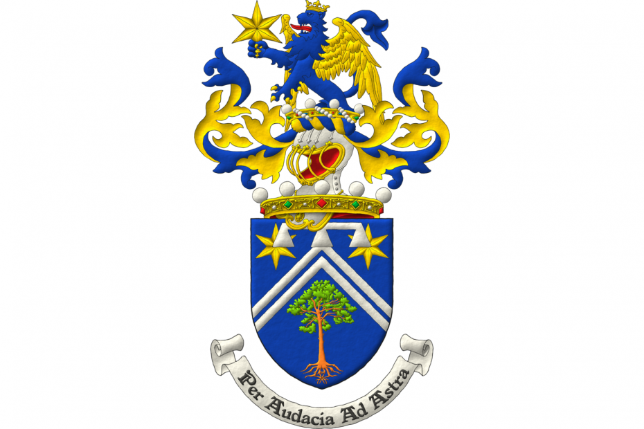 Azure, two chevronels Argent between in chief two mullets of six points Or, and in base a Scots pine eradicated proper [Grant G0066]; the whole debruised by a three-point label Argent for difference. Crest: Upon a helm befitting his degree as the heir to a Barony issuant from a crown of Noble above the shield, with a wreath Or and Azure, a demi-lion Azure, issuant from a crown of Baron, langued Gules, wings displayed, armed, crowned with an ancient coronet, and grasping in its claws by its lowest point a mullet of six points Or. Mantling: Azure doubled Or. Motto: «Per audacia ad astra».