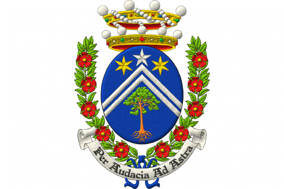 Azure, two chevronels Argent between in chief two mullets of six points Or, and in base a Scots pine eradicated proper [Grant G0066]; the whole debruised by a mullet Argent for difference. Crest: A crown of Noble surmounted by a crown of Baron. Supporters: Two branches of roses proper held together by a bow Azure. Motto: «Per audacia ad astra».