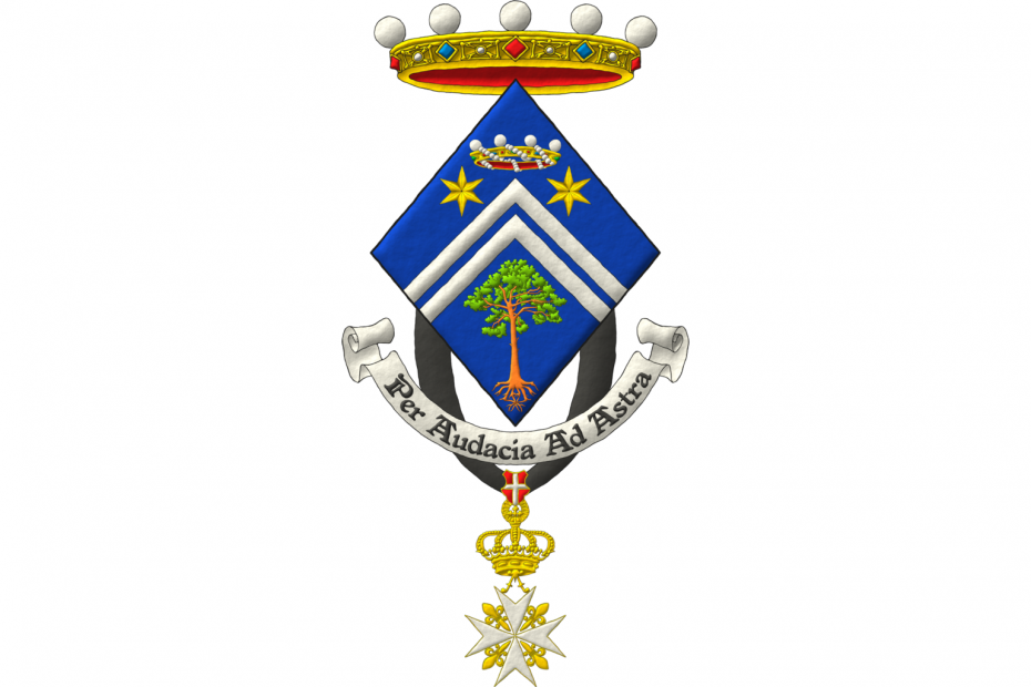 Azure, two chevronels Argent between in chief below a baronial coronet for difference two mullets of six points Or, and in base a Scots pine eradicated proper. Crest: A crown of noble. Motto: «Per audacia ad astra». Suspended from the shield the cross of Dame of Grace and Devotion of the Sovereign Military Order of Malta.