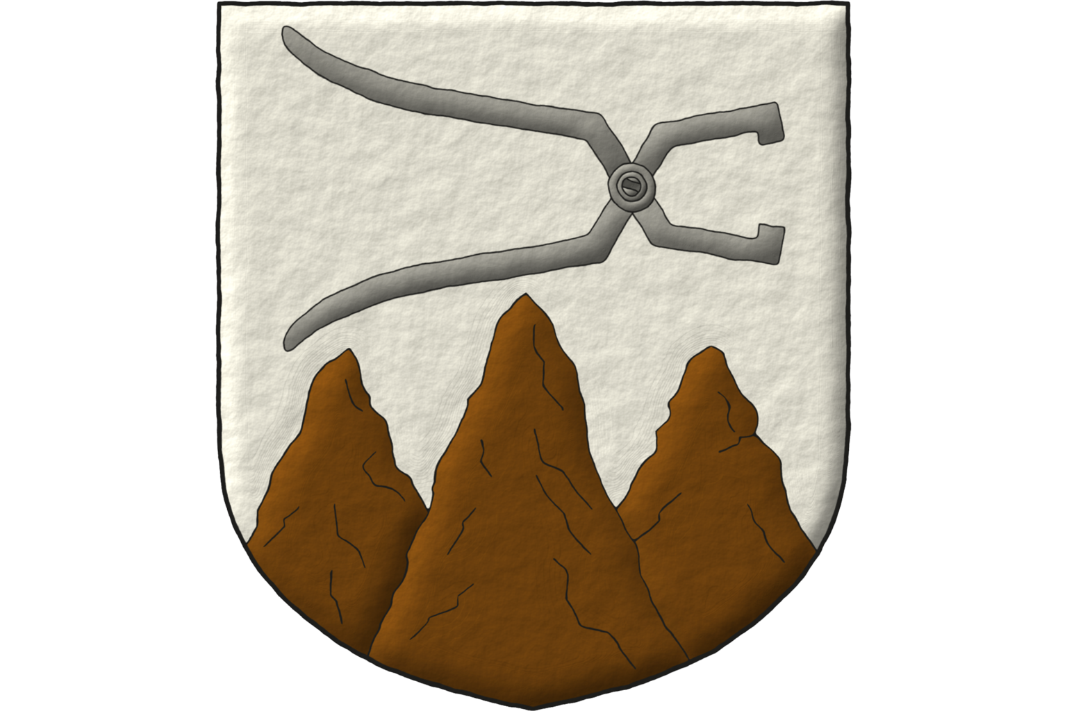 Escutcheon Argent, in base a trimount, in chief a pair of open pliers bend sinisterwise proper.