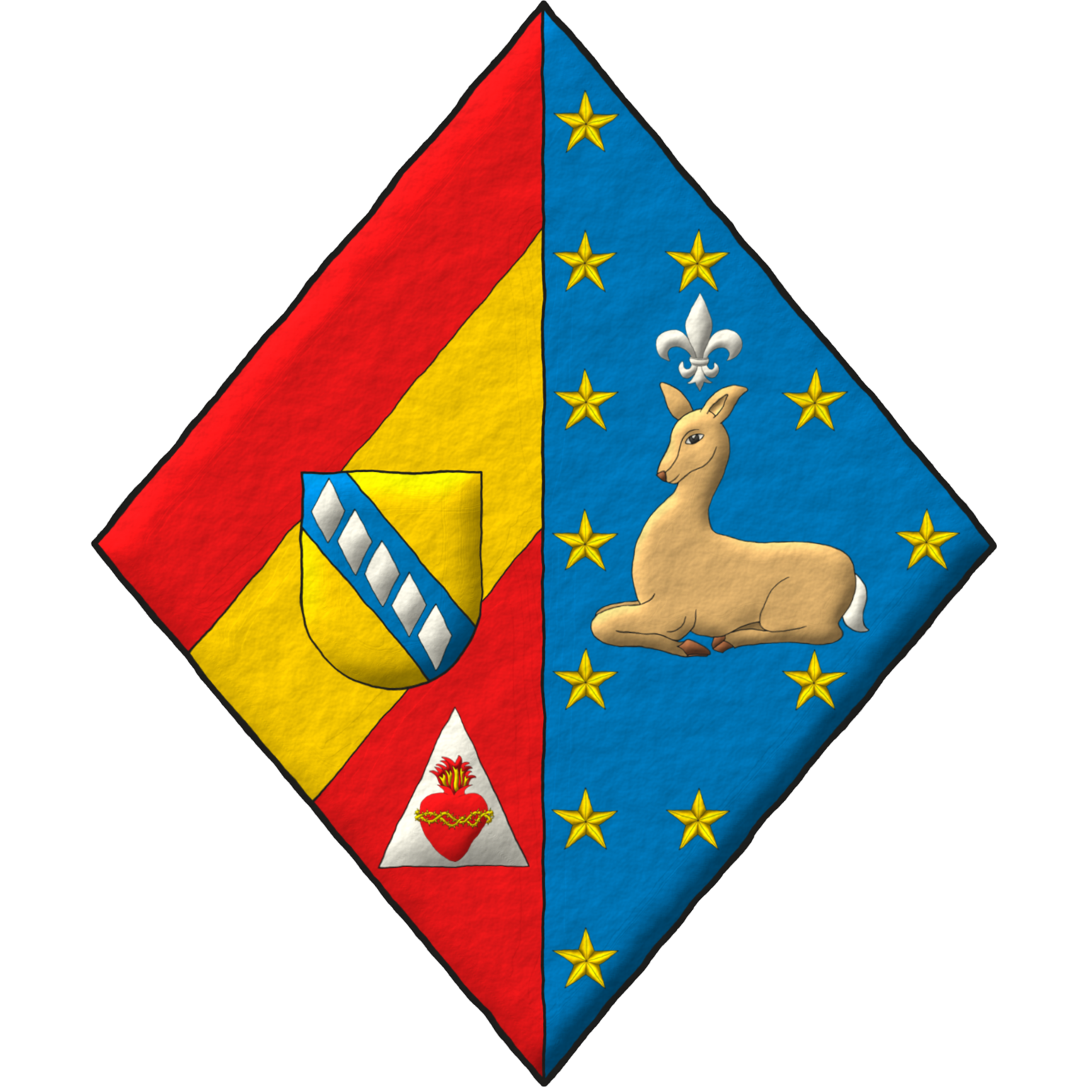 Party per pale: 1 Gules, a bend sinister debruised by an inescutcheon Or charged with a bend Azure charged with five fusils palewise Argent, in base on a triangle Argent the Sacred Heart of Jesus proper [for Adriaensen]; 2 Azure, a fleur de lis Argent above a doe sejeant proper surrounded by twelve mullets in orle Or [granted by Bourbon-Parma].