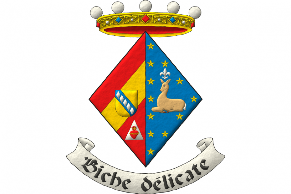 Party per pale: 1 Gules, a bend sinister debruised by an inescutcheon Or charged with a bend Azure charged with five fusils palewise Argent, in base on a triangle Argent the blessed Heart of Jesus proper [for Adriaensen]; 2 Azure, a fleur de lis Argent above a doe sejeant proper within twelve mullets in orle Or [granted by Bourbon-Parma]. Crest: A crown of Noble. Motto: «Biche délicate».