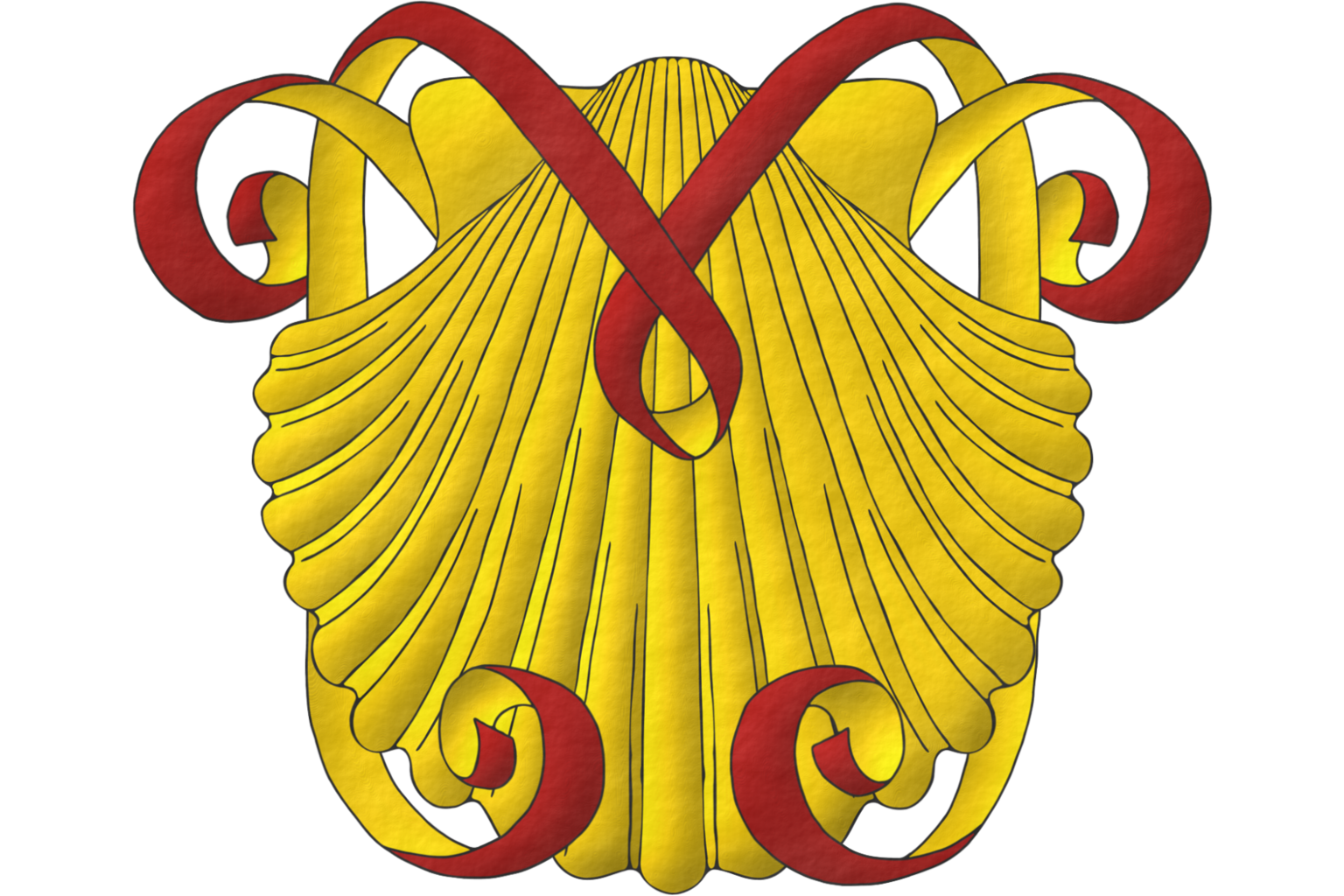 Heraldic badge of Marcio Vieira Nastri designed by him and emblazoned by me. It is a canting badge. The insignia of Marcio Vieira Nastri features a «vieira», a escallop in Portuguese and Spanish, alluding to his surname Vieira. It also includes ribbons, since his surname Nastri means ribbons in Italian; they are Sanguine doubled Or, as in his mantling. The ribbons embrace the scallop in such a way that they resemble a capital M, for his name Marcio.