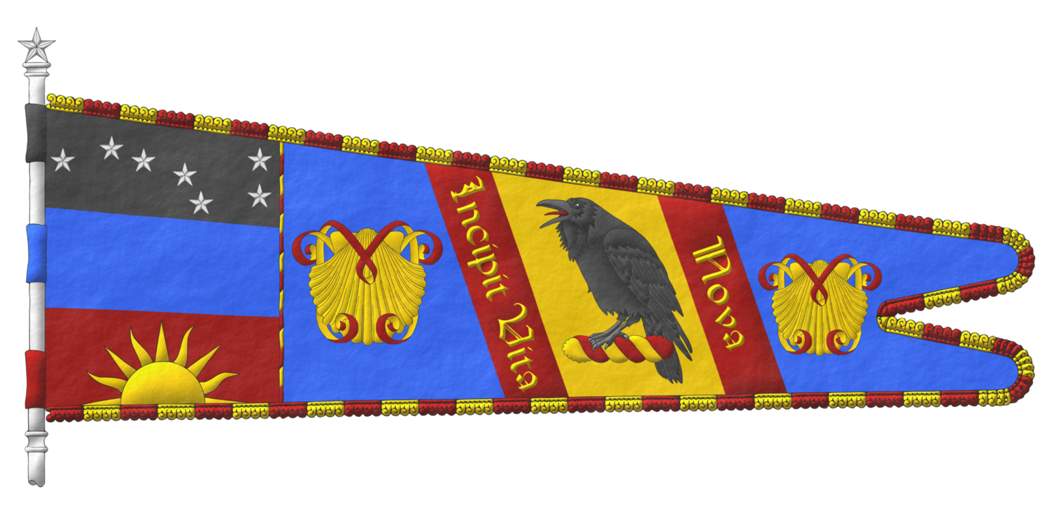 Heraldic standard of Marcio Vieira Nastri emblazoned by me. Structure: his coat of arms; his heraldic badge; the 1st line of his motto «Incipit Vita»; his crest; the 2nd line of his motto «Nova»; and his badge.