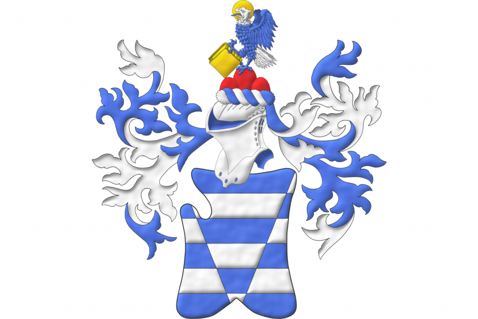 Barry of six, Argent and Azure, a pile throughout, counterchanged. Crest: Upon a helm with a wreath Argent and Azure, upon a trimount Gules, an eagle wings addorsed and inverted Azure, the head and tail Argent, nimbed and grasping a closed book Or. Mantling: Azure doubled Argent.