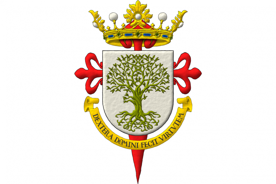 Argent, an olive tree eradicated Vert. Crest: An Italian noble's antique coronet. Motto: «Dextera Domini Fecit Virtutem» Sable over a scroll Or. Behind the shield the cross of the Order of Saint James.