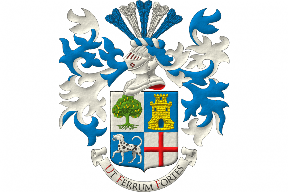 Quarterly: 1 Argent, an oak eradicated Vert, fructed Or; 2 Azure, a tower with a turret Or, port and windows Azure, masoned Sable; 3 Azure, a hound passant Argent, spotted Sable; 4 Argent, a cross Gules. Crest: Upon a helm with a wreath Argent and Azure, five ostrich feathers alternately Azure and Argent. Mantling: Azure doubled Argent. Motto: «Ut Ferrum Fortes» Sable, with initial letters Gules, over a scroll Argent.