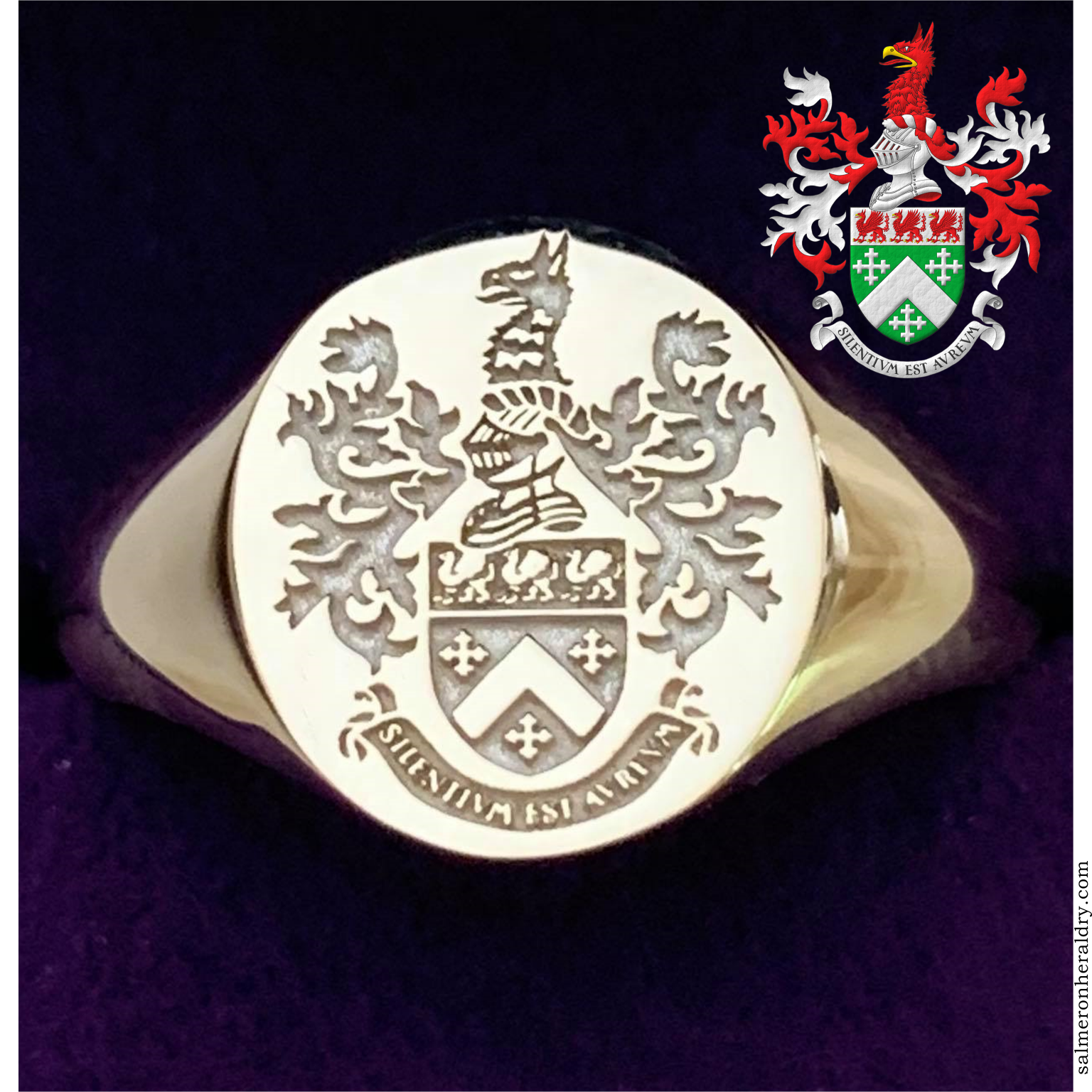 Vert, a chevron between three cross crosslets; on a chief Argent, three griffins statant Gules, beaked and armed Or. Crest: Upon a helm with a wreath Argent and Gules, a griffin's head couped Gules, beaked Or. Mantling: Gules doubled Argent. Motto: «Silentium est aureum»