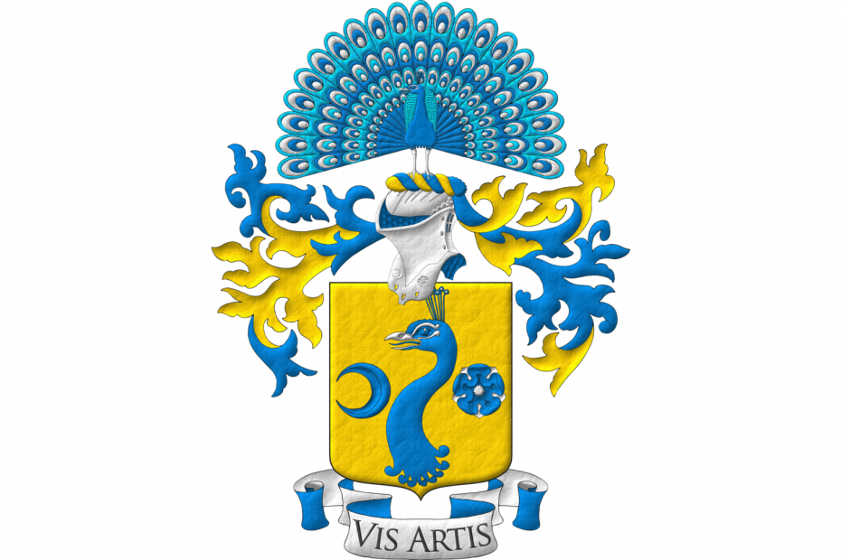 Or, a peacock’s head erased Azure, beaked Argent, between in dexter an increscent Azure and in sinister a rose Azure, barbed and seeded Argent. Crest: Upon a helm with a wreath Or and Azure, a peacock in his splendour proper. Mantling: Azure doubled Or. Motto: «Vis Artis» Sable over a scroll Argent doubled Azure.
