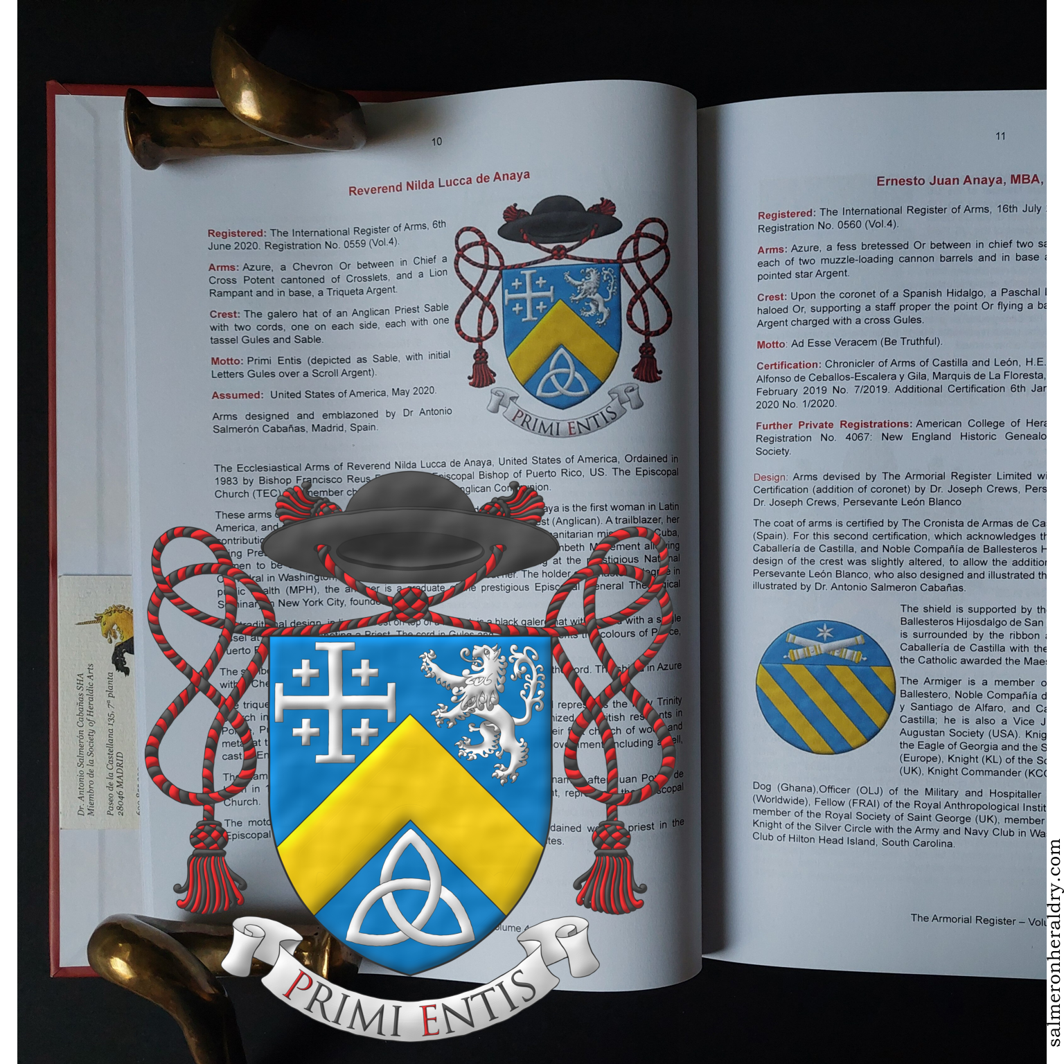 International Register of Arms, Volume Four, The Armorial Register, 2025, ISBN 978-1-8381483-0-0. On page 10 of this volume appears the coat of arms of Nilda Ernestina Lucca de Anaya, designed by her son Ernesto Juan Anaya and emblazoned by me, while her son’s badge can be seen next to it on page 11, also painted by me.