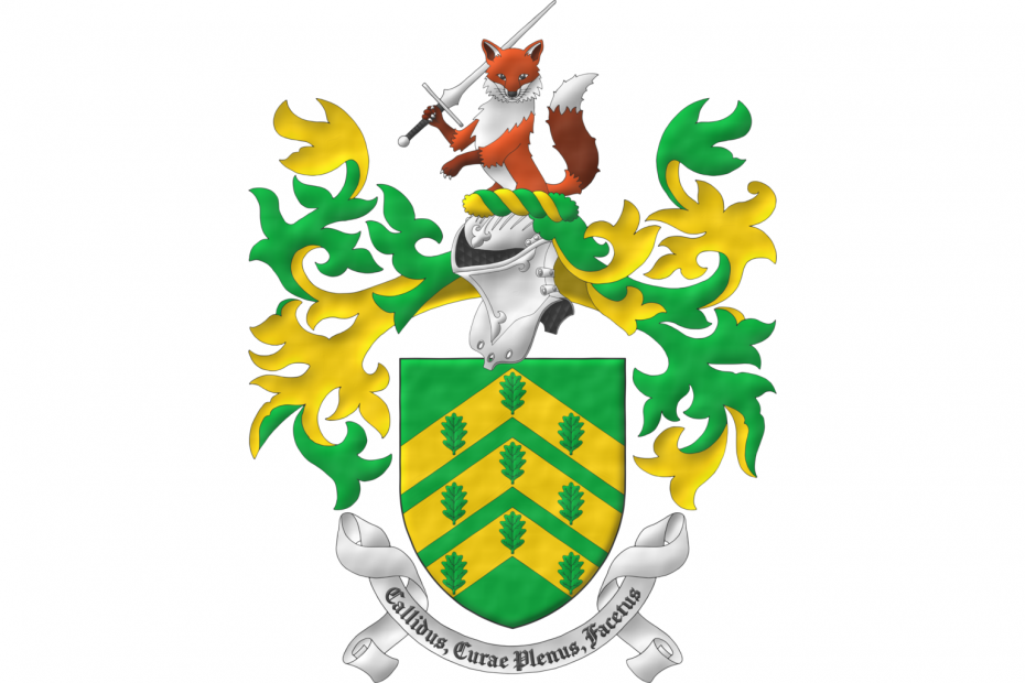 Vert, on three chevrons Or nine oak leaves Vert, 3, 3, and 3. Crest: Upon a helm with a wreath Or and Vert, a demi-fox guardant, holding in its dexter paw a federschwert bend sinisterwise proper. Mantling: Vert doubled Or. Motto: «Callidus, Curae Plenus, Facetus».