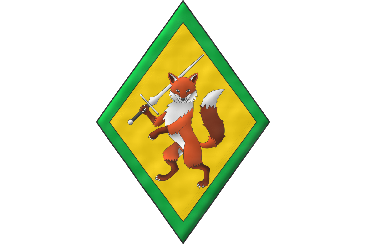 A lozenge Or, charged with a fox rampant, guardant, holding in its dexter paw a federschwert bend sinisterwise proper, within a bordure Vert.