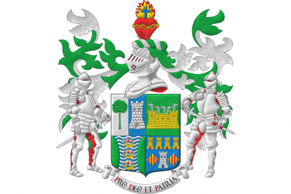 Quarterly: 1 per pale: 1 Argent, a madrone tree (Arbutus unedo) Vert, fructed Gules; 2 Azure, a tower Argent; 2 Vert, on a wall Or, masoned Sable, by five archers Argent in shooting stance; 3 barry wavy Azure and Argent, three caravels palewise Or, sails and pennants Argent charged with crosses Gules, between two flanches Vert; 4 Azure, a tower Argent, port and windows Azure, masoned Sable, between two lozenges Or, each charged with four pallets Gules, in chief four towers in fess Or, port and windows Gules, masoned Sable. Crest: Upon a helm with a wreath Argent and Vert, a bleeding heart Gules, debruised by a crown of thorns Or, tipped by a flame Or, fimbriated Gules, charged with a Latin cross Azure. Mantling: Vert doubled Argent. Motto: «Pro Deo et Patria». Supporters: Two knights in full plate armor Argent, lined Gules.