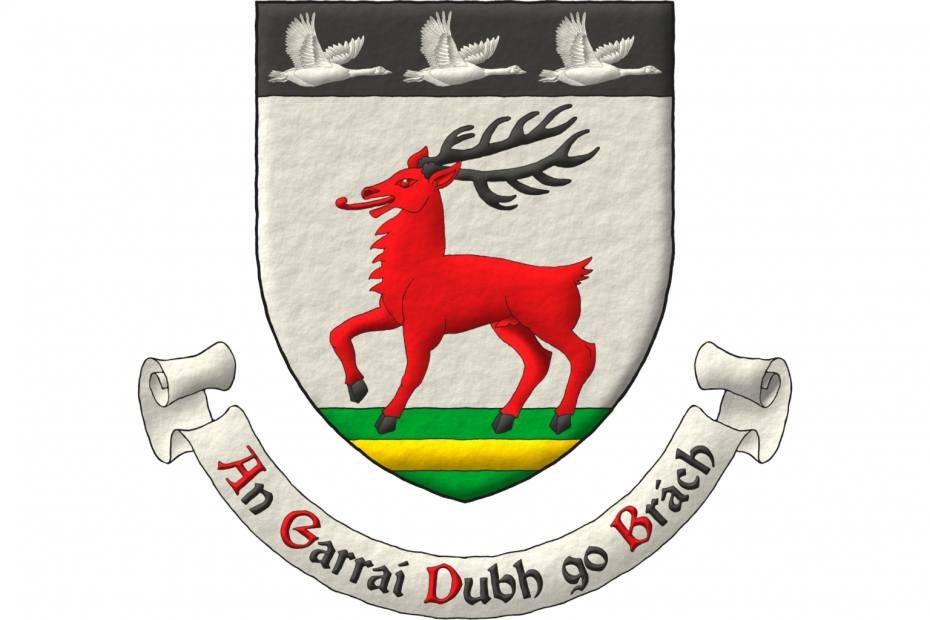Argent, a stag trippant Gules, attired and hoofed Sable, standing on a terrace in base Vert charged with a fess Or; on a chief Sable, three geese volant contourné Argent. Motto: «An Garraí Dubh go Brách».