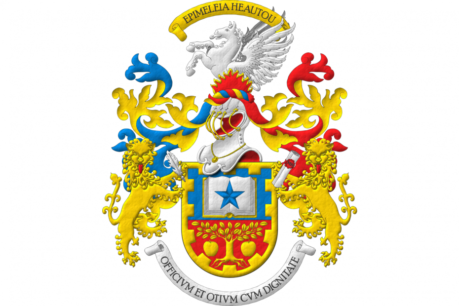 Party per fess: 1 Azure, an open book Argent, garnished Or, charged with a mullet Azure; 2 Gules, a tree eradicated between two apples Or; within a bordure embattled Or. Crest: Upon a helm with a wreath Or, Azure and Gules, a demi-pegasus Argent issuant from flames of fire Gules, fimbriated Or. Mantling: dexter Azure doubled Or, sinister Gules doubled Or. Supporters: Two lions rampant guardant Or, langued Gules, the one at dexter grasping in his sinister forepaw a quill Argent, the one at sinister grasping in his dexter forepaw a rolled scroll Argent, bearing a wax seal Gules, inscribed with the letters «MB» Sable. Warcry above the crest «Epimeleia Heautou». Motto: «Officium otium cum dignitate».