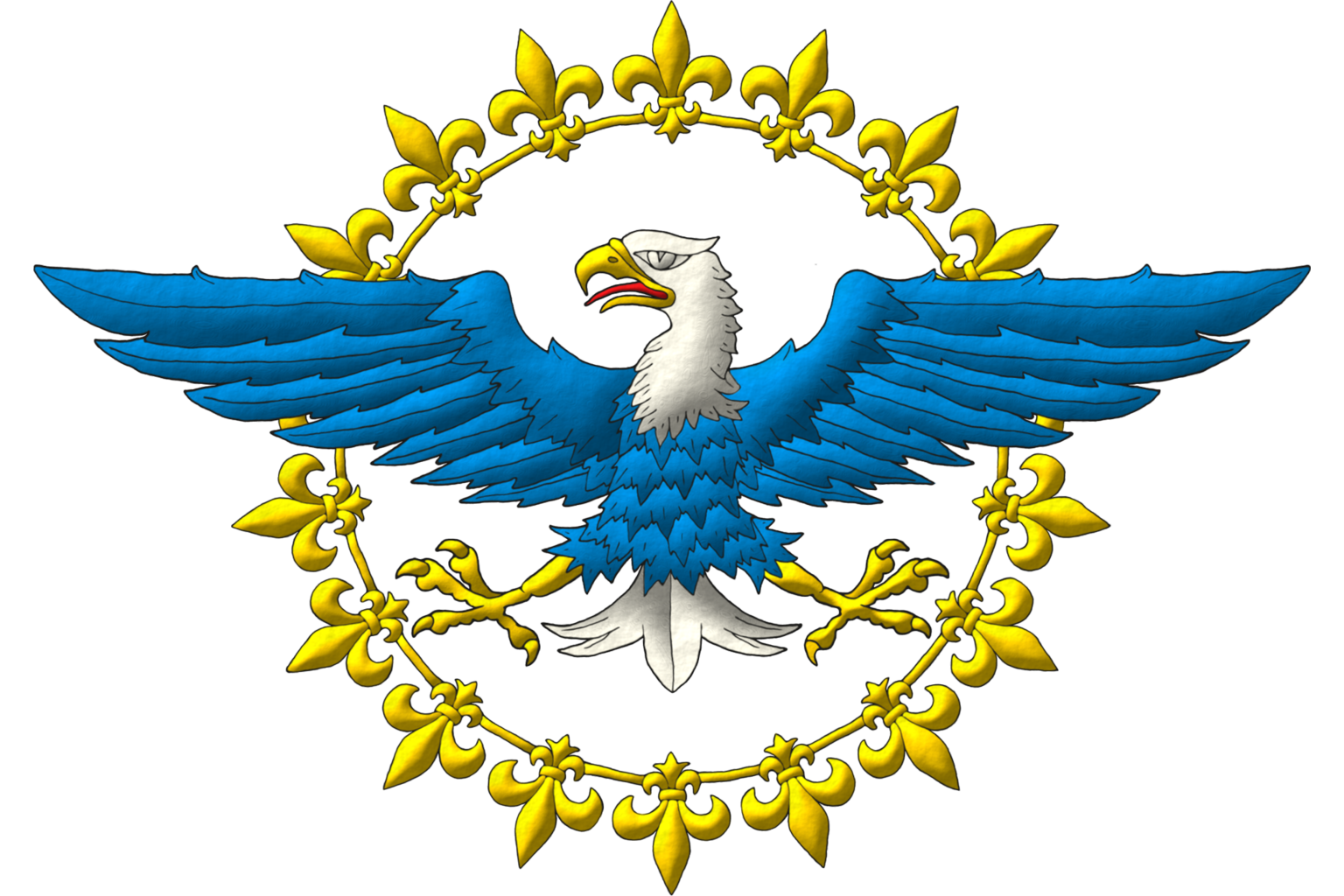 An annulet flory Or debruised by a bald eagle displayed Azure, head and tail Argent, beaked, armed and membered Or, langued Gules.