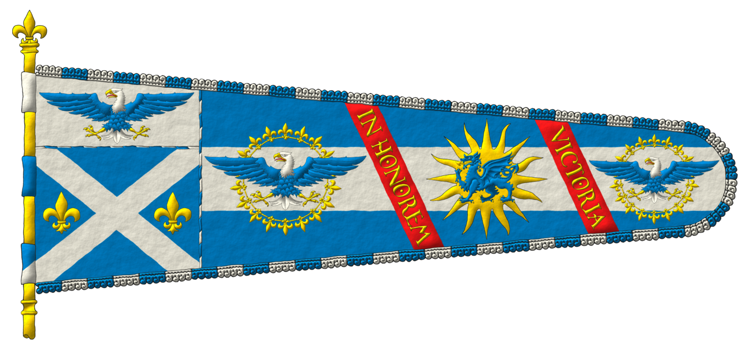 Structure: Coat of arms; Badge; 1st line of the motto «In Honorem»; Crest; 2nd line of the motto «Victoria»; Badge.