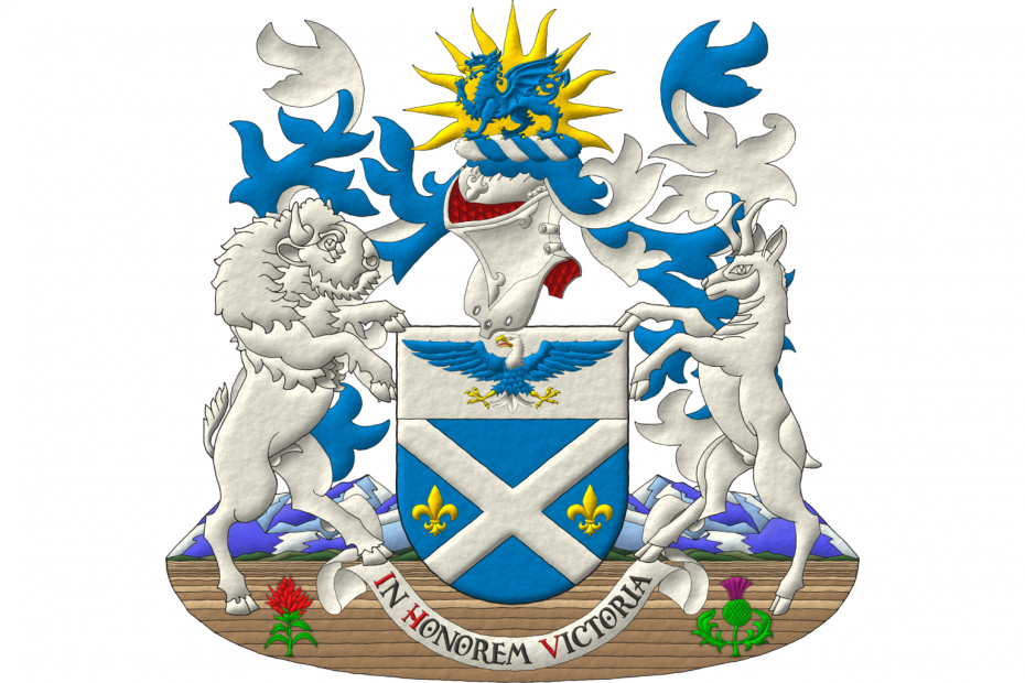 Azure, a saltire Argent between two fleurs de lis in fess Or; on a chief Argent, a bald eagle displayed Azure, head and tail Argent, beaked, armed and membered Or, langued Gules. Crest: Upon a helm with a wreath Argent and Azure, a dragon passant Azure, armed and langued Or; in front of a sun rising Or. Mantling: Azure doubled Argent. Motto: «In Honorem Victoria» Sable, with initial letters Gules, over a scroll Argent. Supporters: Dexter a binson and sinister a pronghorn Argent, terraced by rocky mountains and great plains charged with, in dexter, an Indian paintbrush, and in siniester, a thistle proper.