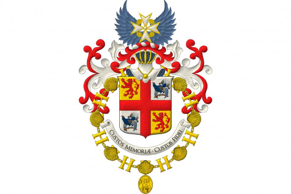 Quarterly Or and Argent, overall a cross Gules, cantoned by: in 1 and 4, a lion rampant Gules, armed and langued Azure; in 2 and 3, a black grouse perched proper. Crest: Upon a helm affronty, with visor bars Or, lined Azure, with a wreath Argent and Gules, two wings in vol Azure debruised by the cross of the Orde van Sint Jacob. Mantling: Gules doubled Argent. Motto: «Custos Memoriæ · Custos Fidei». The shield is surrounded by the Grand Collar of the Orde van Sint Jacob.