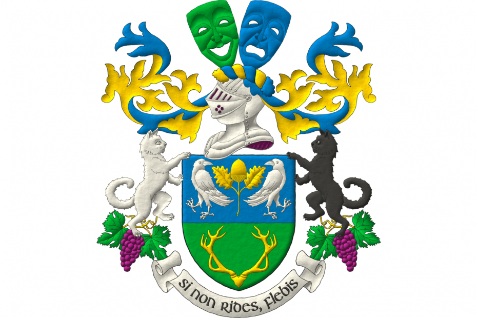 Party per fess: 1 Azure, an acorn leaved and slipped Or, between two ravens addorsed and regardant Argent; 2 Vert, a stag's massacre Or. Crest: Upon a helm lined Purpure with a wreath Or and Azure, a comedy mask bendwise Vert conjoined in fess with a tragedy mask bend sinisterwise Azure. Mantling: Azure doubled Or. Supporters: Upon two bunches of grapes Purpure, leaved Vert, and slipped Or, one on each side, two cats rampant Argent in the dexter and Sable in the sinister. Motto: «Si non rides, flebis».