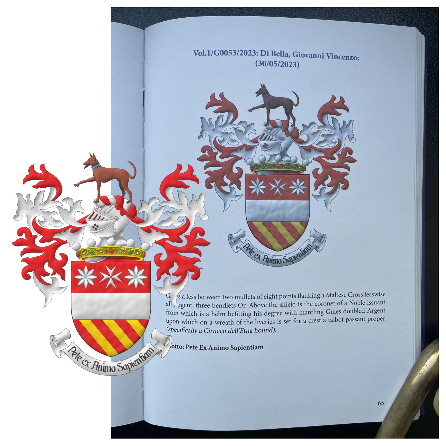 Gules, a fess between, in chief a Maltese cross between two mullets of eight points Argent, in base three bendlets Or. Crest: Upon a helm issuant from a crown of Noble above the shield a with a wreath Argent and Gules, a Cirneco dell’Etna hound passant proper, gorged of a collar of meanders motifs Azure and Argent. Mantling: Gules doubled Argent. Motto: «Pete ex Animo Sapientiam».