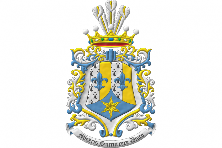 Paly of four Ermine and Or, overall two fleurs de lis in fess Azure; enté en point Azure, an estoile Or. Crest: A crown of a Baroness of the Serene Princely House of Saint-Marc in the capacity of dynastic heirs of the former Haitian Empire, issuant three ostrich feathers Argent shafted Or. Surrounding the arms a frame of Argent, Or and Azure scrolls. Motto: «Miseris Succurrere Disco».