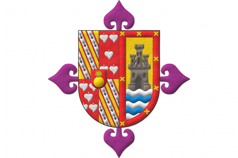 Party per pale: 1 quarterly: 1 and 4 Or, three bendlets Argent, fimbriated Gules, each charged with ermine spots; 2 and 3 Gules, five poplar leaves in saltire Argent; overall an inescutcheon Gules charged with a grenade Or; 2 Or, issuant from a sea wavy Argent and Azure, a castle triple-towered Sable; a bordure Gules charged with eight saltires couped Or. Behind the shield the cross of the Real Cuerpo de la Nobleza of Madrid.